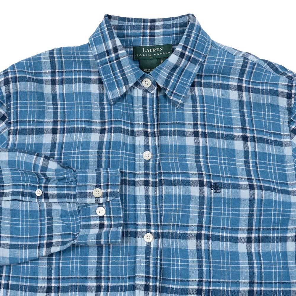 LRL Ralph Lauren Womens Shirt‎ Medium Blue Plaid Linen Roll Tab Button Up Preppy